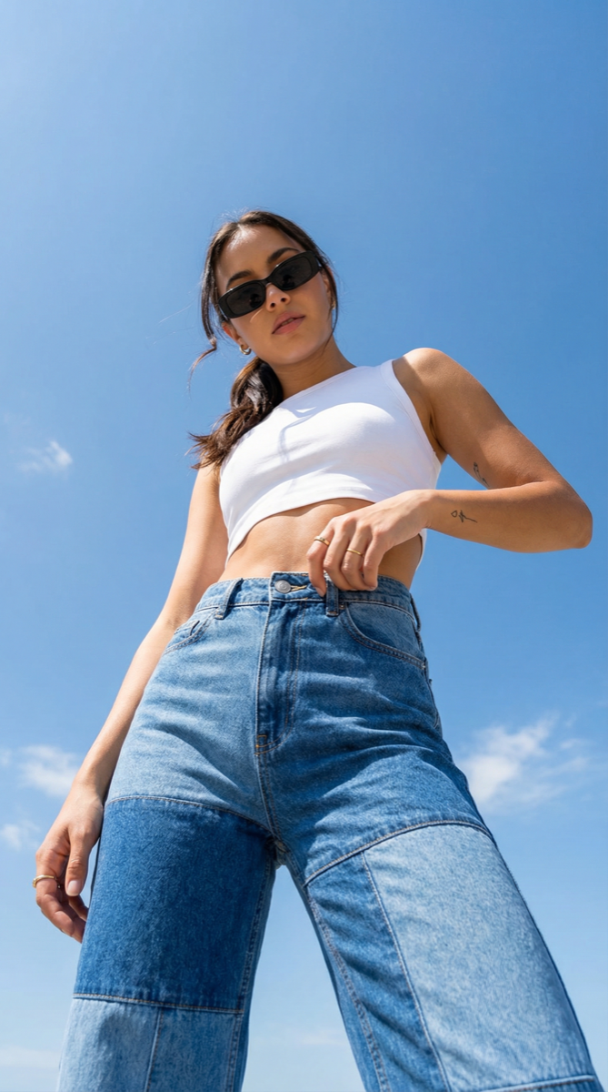 AI generated — ultra low-angle street fashion shot, woman in white crop top and wide-leg jeans against blue sky